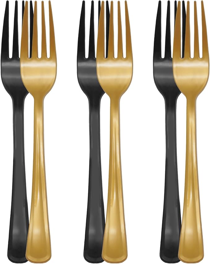50 Pcs Black and Gold Plastic Forks Disposable Silverware Heavy Duty Black and Gold Plastic Cutlery Set for Graduation Party, Birthday, Retirement