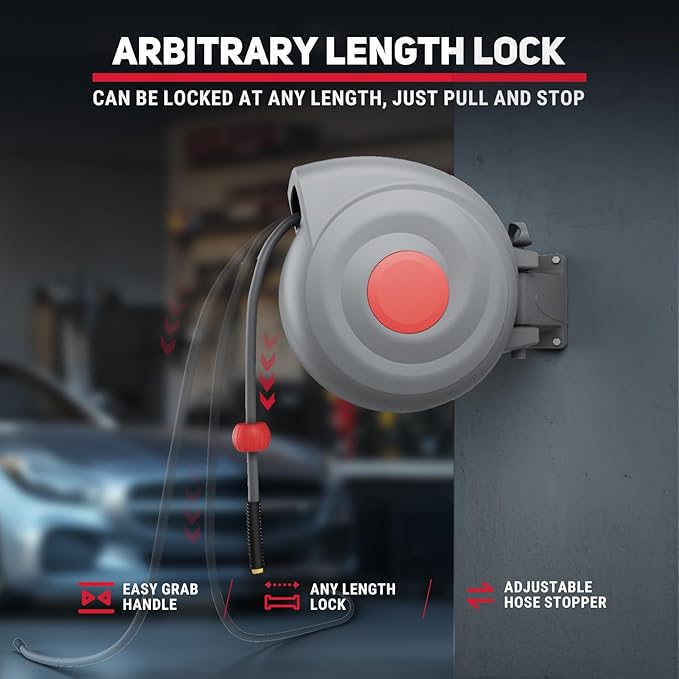 Retractable Air Hose Reel, 3/8" x 65ft Air Hose with Air Blow Gun, Adjustable Length Lock, 180° Rotating Wall Mount Air Tool for Garage and Workshop