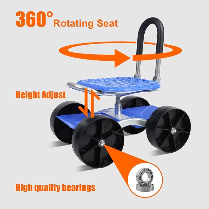 Garden Cart Rolling Workseat with Wheels,Rolling Garden Stool - Foldable Gardens Seat & Tool Cart with Adjustable Backrest Mobile Gardens Kneeler Seat for Elderly Field Work Planting B