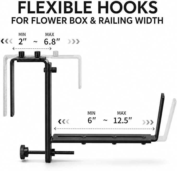 Y&M Window Box Brackets, Heavy Duty Iron Adjustable Planter Flower Box Brackets for Railings, Perfect for Balconies, Fences, and Gardens（4 Packs）