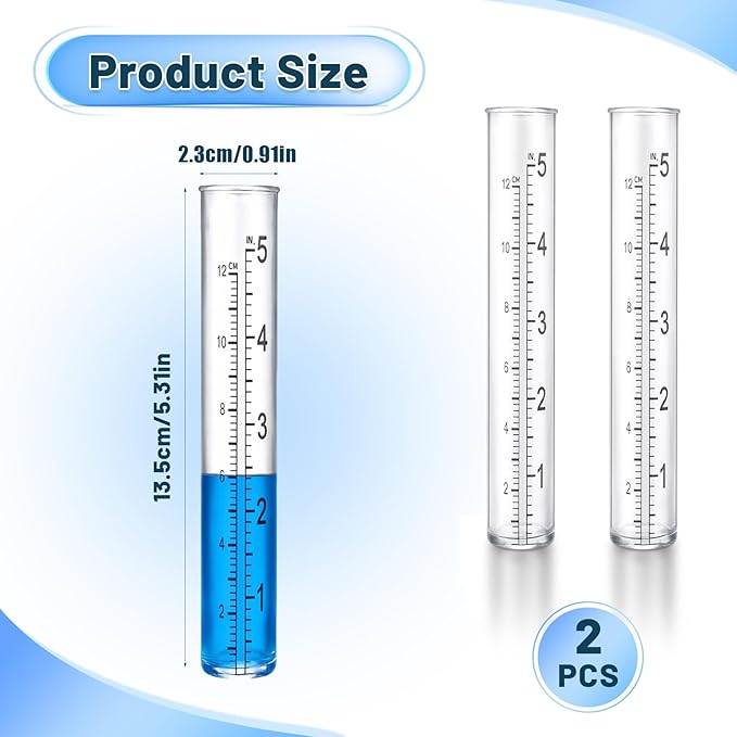 Larrel 2 Pcs Plastic Rain Gauge Replacement Tubes, 5.31inx0.91in/13.5cmx2.3cm Clear Practical Outdoor Rain Gauges with Dual Scales Outdoor Rains Gauges for Outdoors Garden Yard Home Using