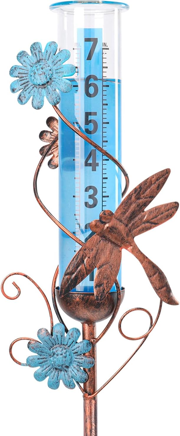 WONDER GARDEN Rain Gauge Outdoor, Decorative Rain Gauges Outdoors Best Rated with Dragonfly and Flower, Freeze Proof Water Rain Measure Gauge for Yard Patio Lawn Garden Decor