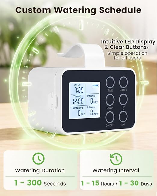 BAOSHISHAN 15 Potted Indoor Plant Watering System, Plug-in & Rechargeable | 30-Day Battery Power, 2 Emitter Types Fit All Plants, Indoor Plant Waterer with Easy Programmable Timer for Vacation Travel