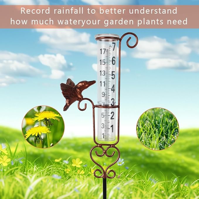 Rain Gauge Outdoor with 7 Inch Glass Tube, Rain Gauges Large Clear Numbers Measure Gauge for Yard, Garden, Lawn(Hummingbird)