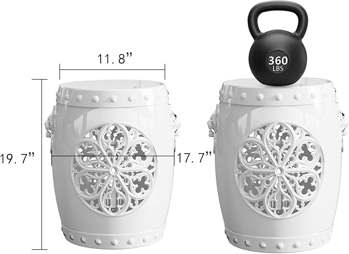 EasyUp Faux Ceramic Garden Stool, Decorative Drum Design, for Patio and Garden (White New)
