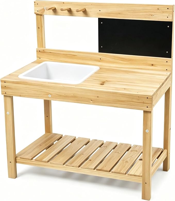 Kids Wooden Potting Bench with Chalkboard, Removable Basin, Storage Shelf and Hooks, Outdoor Garden Work Table,Educational Gardening Tools (Wood)