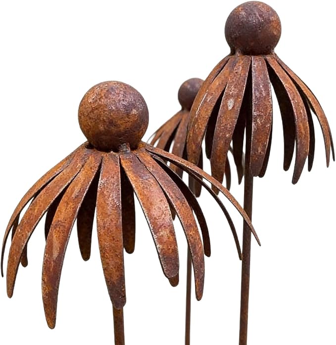 Rusty Outdoor Daisy Flower Metal Yard Stake, 30.7x5.12 Inch Large Rusted Iron Art Flower Garden Decoration, Weather-Resistant Garden Ornament for Lawn, Pathway, Patio, or Planter (Bronze)