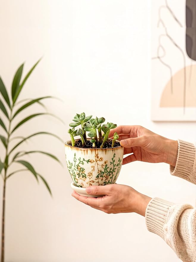 Ceramic Plant Pots, Nursery Pots with Drainage Hole, 3.5 Inch Succulent Pots for Plants, Small Indoor Flower Pots, Modern Decorative Planters for House Plants, Garden Planters, White Green