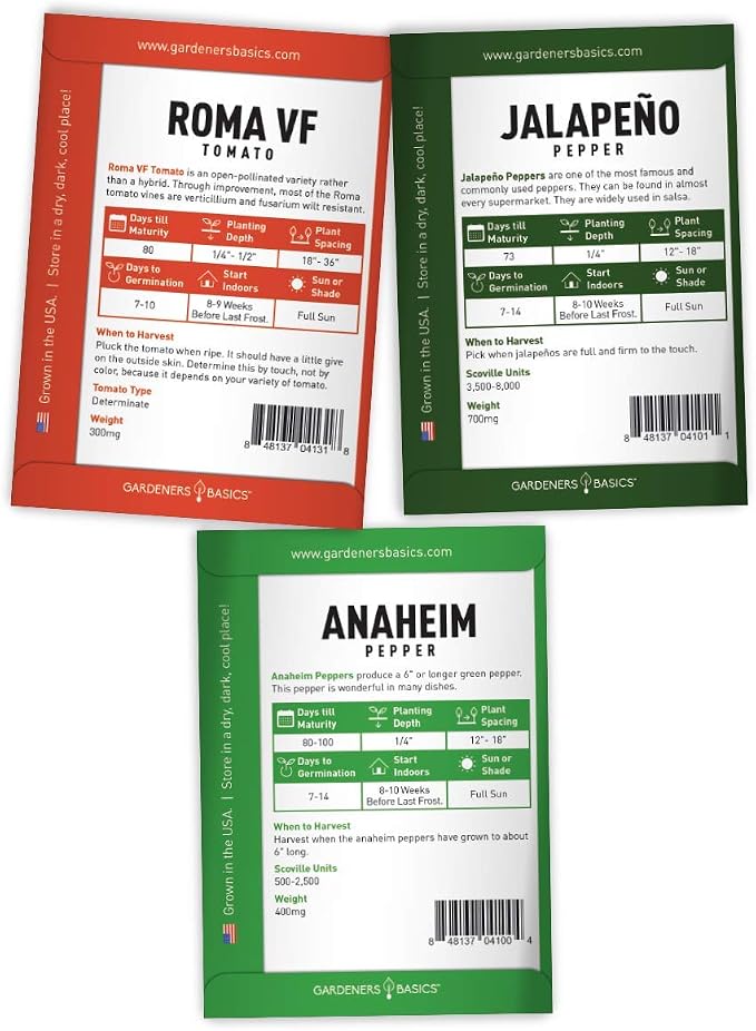 Gardeners Basics, Heirloom Salsa Growing Seed Packets, Roma VF Tomato, Jalapeno, Cilantro, Anaheim and Onion Seeds for Garden Non GMO 5 Free Plant Markers