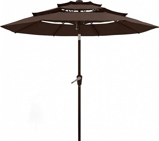 10FT Patio Umbrella 3 Tiers Outdoor Market Umbrella w/Push Button Tilt, Crank, UV and Waterproof Table Umbrella for Garden, Pool, Backyard, Deck, Lawn, Brown