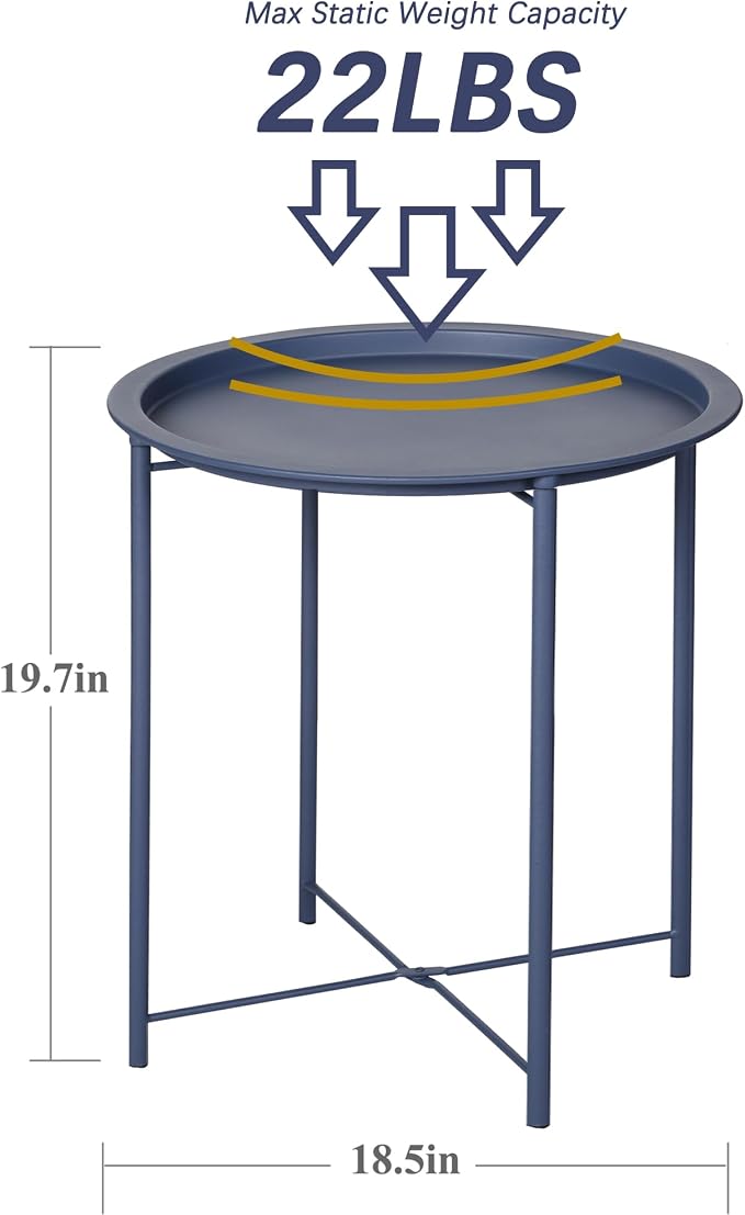 VECELO Side/End Table, Folding Round Metal Anti-Rust and Waterproof Outdoor or Indoor Tray for Living Room Bedroom Balcony and Office, 1 PCS, Blue