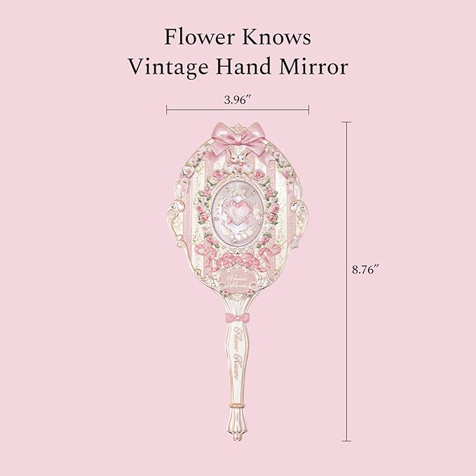 Flower Knows Bunny Garden Collection Hand Mirror,Vintage Portable Handheld Mirror,Fancy & Pretty Princess Mirror with Long Handle,Gift for Girls(Rosette Pink)