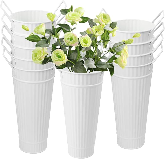 10 PCS 9 Inch Tall Galvanized Flower Buckets, Metal Flower Vase, Rustic Farmhouse French Flower Buckets with Handles for Wedding, Home Décor(White)