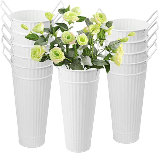 10 PCS 9 Inch Tall Galvanized Flower Buckets, Metal Flower Vase, Rustic Farmhouse French Flower Buckets with Handles for Wedding, Home Décor(White)