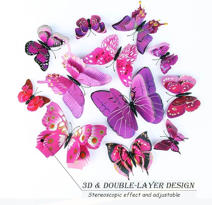 OPSEAM Butterfly Wall Decor 72 PCS, 3D Butterflies Stickers for Party Decorations with Magnets (Purple, 72)