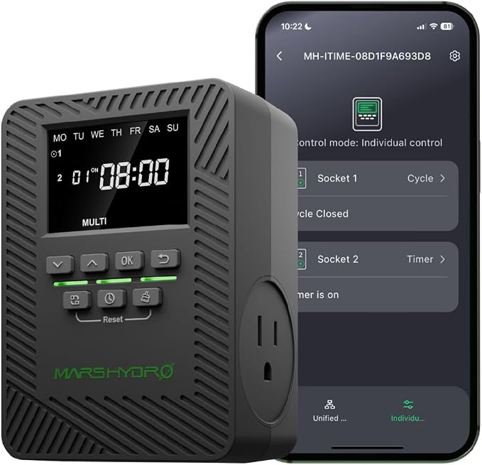 2025 MARS Hydro ITime 2-in-1 Smart Timer Outlet Dual Outlet App Control Custom Programmable 12 On/Off for Home Office and Plant Growth Use
