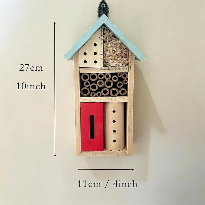 Wooden Insect Hotel for Garden - Bee House & Ladybug House, Pollinator Bug Hotel/Bug House to Attract Beneficial Garden Insects (Blue)