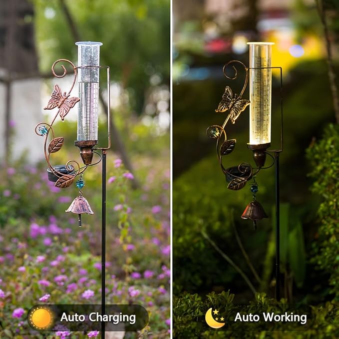 Rain Gauge Outdoor, Solar Rain Gauges with 7" Plastic Tube, Butterfly Metal Rain Gauge with Decorative Bell for Garden Yard Lawn Decor