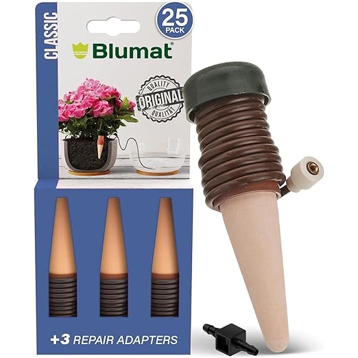 Blumat Classic Self-Watering Stakes - Prevents Overwatering and Underwatering for Healthy Growth While You are Away - Ideal for Indoor Plant Watering, 25 Pack, w Adapter