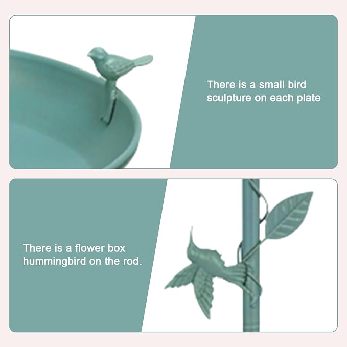 Bird Bath for Outside with 2 Bird Decor, Hummingbird on Pole & Sparrow on Bowl, 38.5 Inch Height Garden Birdbath, 12 Inch Antique Green Freestanding Birdfeeder Bath for Yard Patio