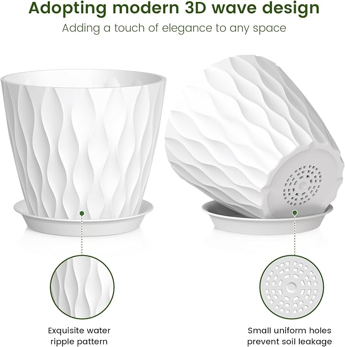 Meowell 7 inch Plant Pots for Indoor Outdoor Plants, 5 Pack Thick Nursery Pots with Drainage Holes and Saucers, 3D Modern Wave Texture Plastic Planter Pots for Flowers and House Plants, Multicolor