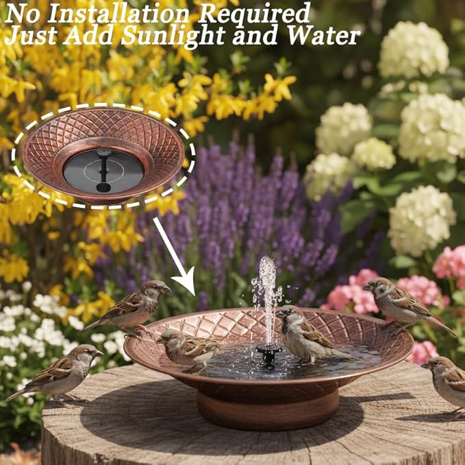 Bird Bath for Outside, 12.6" Solar Powered Bird Bath with Fountain, Metal Bird Bath Bowl, Outdoor Patio Lawn Decor (Bronze)