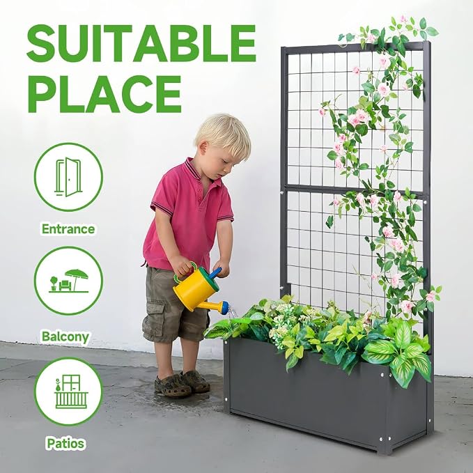 Garden Bed with Trellis Outdoor, Metal, 59in Tall | Metal Frame, 59in Tall Trellis for Climbing Plants, 12in Deep Planter, Drainage Holes, Privacy Screen, Garden Bed for Patio