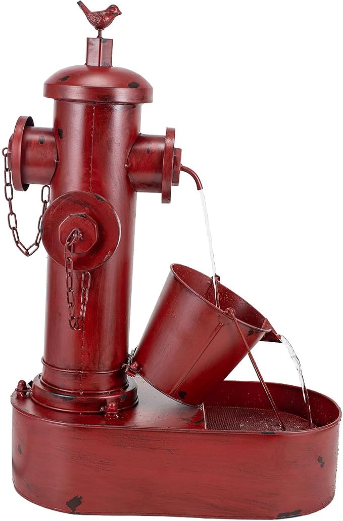 Water Fountain Outdoor, 27" Vintage Waterfall Fountain Red Fire Hydrant, Rustic Metal Outdoor Water Fountain with Tilted Bucket for Garden Patio Yard Deck Decor