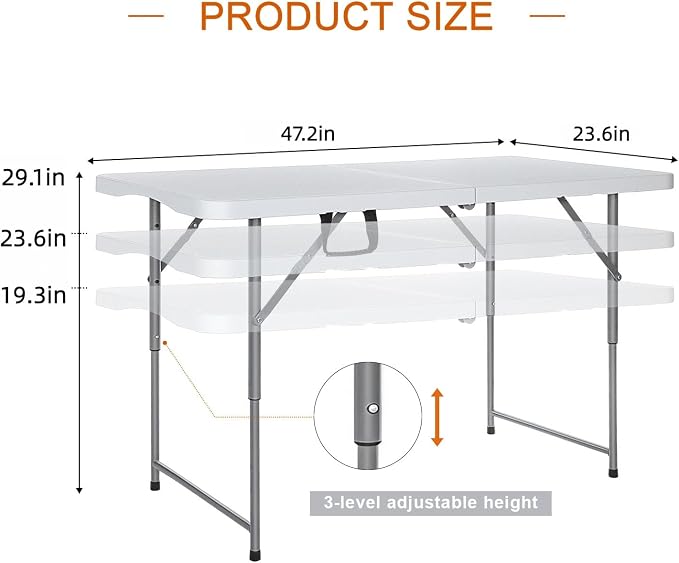 FoldingTable 4 Foot Portable Heavy Duty Plastic Table and Adjustable Height Folding with Carrying Handle,Indoor Outdoor with Kids Table, Picnic,Party,Camping White