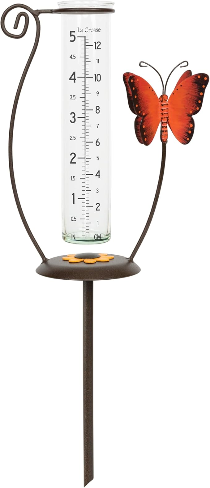 La Crosse 704-13077-INT 5 inch Capacity Glass Orange Butterfly Rain Gauge