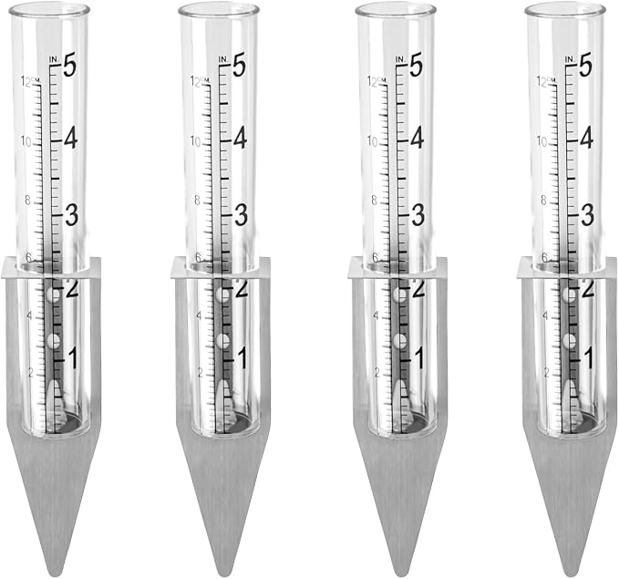 dgudgu 4 Set Rain Gauge Outdoor with Stainless Steel Rack Holder Transparent Rain Guage Plastic Rain Gage for Standing On Filed Or Mounting Wall,Yards, Lawns, Pathway, Patio