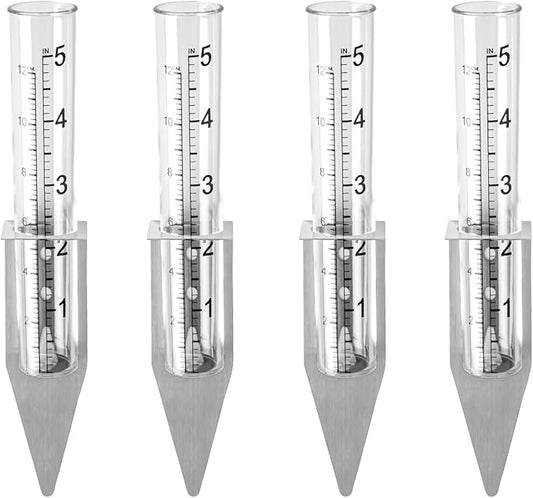 dgudgu 4 Set Rain Gauge Outdoor with Stainless Steel Rack Holder Transparent Rain Guage Plastic Rain Gage for Standing On Filed Or Mounting Wall,Yards, Lawns, Pathway, Patio
