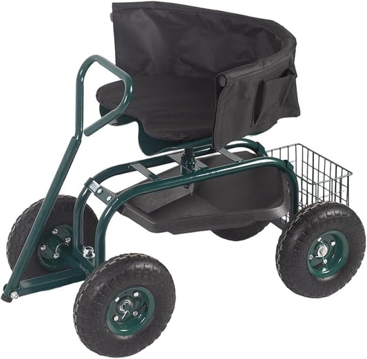 Rolling Garden Cart - Outdoor Workseat with Seat Cushions and Wheels, Heavy Duty Garden Tool Cart with Storage Bracket and Tool Tray for Yard, Planting Gardening Work (Green)