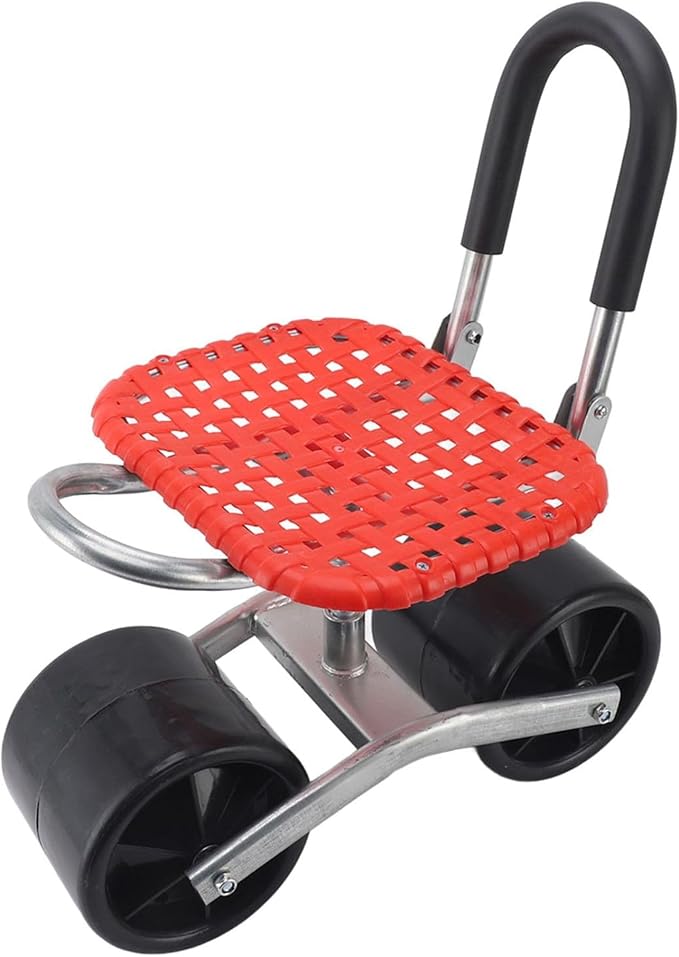 360° Swivel Garden Rolling Seat with Wheels - Adjustable Height Work Scooter & Creeper for Weeding, Planting, and Outdoor Lawn Care - Heavy Duty Steel Frame with Breathable Woven Saddle (Red)