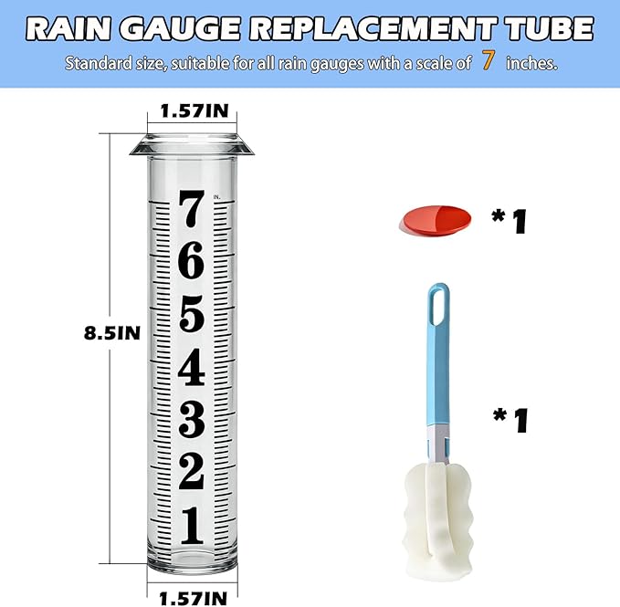 Rain Gauge Replacement Tube,Accurate 7 inch Capacity Rain Gauge Tube,Upgraded Rain Gauge Outdoors Best Rated ,Plastic Rain Meter Tube For Yard,1 Rainfall Measure Thickened Tube with 1 Clean Brush