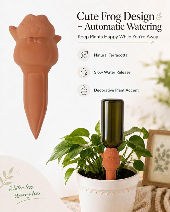 vensovo 4 Pack Terracotta Plant Watering Spikes, Cute Frog Automatic Plant Waterer, Slow Release Self Watering Stakes for Indoor Outdoor Plants, Vacation Plant Care, Fits Wine Bottles