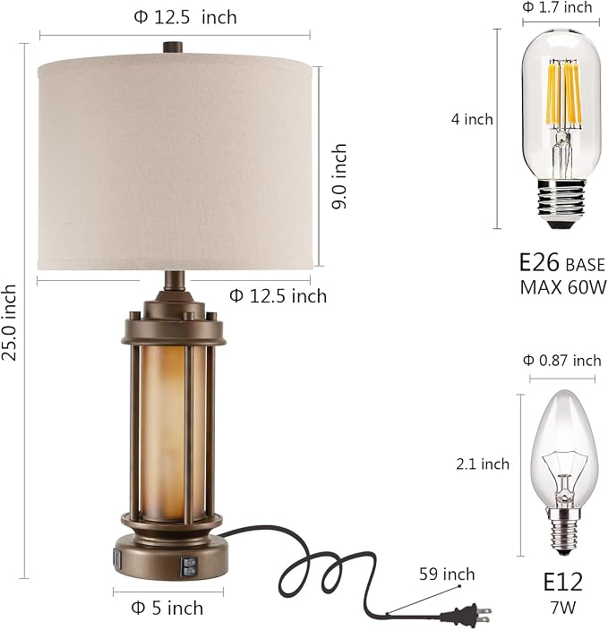 AIEAMPDO Set of 2 Farmhouse Table Lamps with 2 USB C+A Ports | Rustic Vintage Design, Amber Glass Nightlight, 4 Bulbs Included, for Living Room Bedroom Nightstand