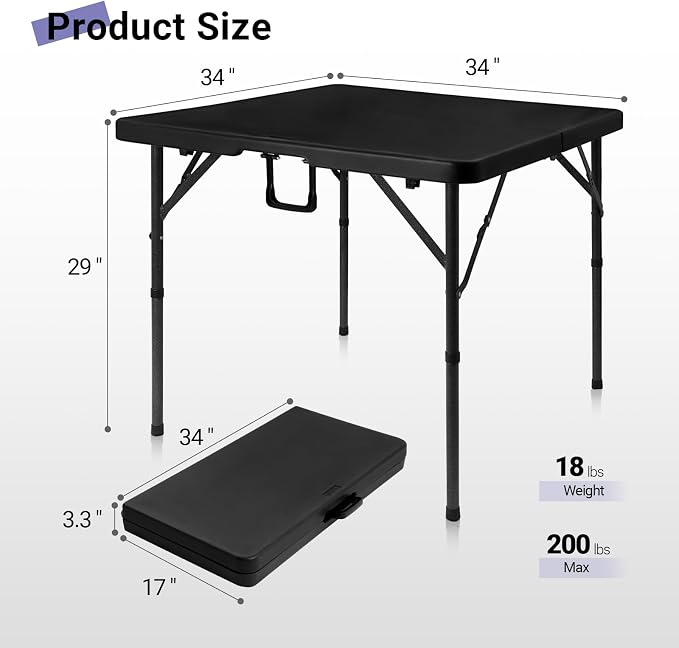 Byliable 34" Folding Square Card Table, Portable Heavy Duty HDPE Fold-in-Half Folding Table with Carrying Handle for Indoor/Outdoor Use – Ideal for Picnic, Camping, Parties, Black