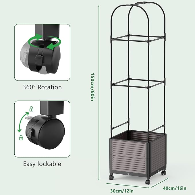 Raised Garden Bed Planter Box with Trellis, 61''H Tomato Planters for Climbing Plants Vegetable Vine Flowers Outdoor Patio Tomato Cage, Self Watering Planter with Wheels