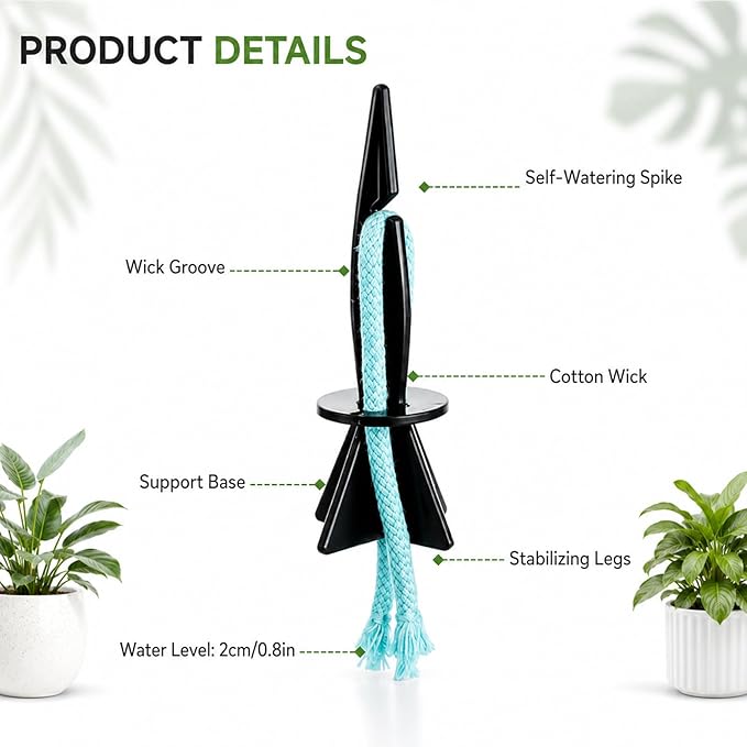 Self Watering Spikes for Indoor Plants, Automatic Plant Watering System for Vacation Care and Office Maintenance, 13-Piece Set with 12 Spikes and Absorbent Cotton Rope