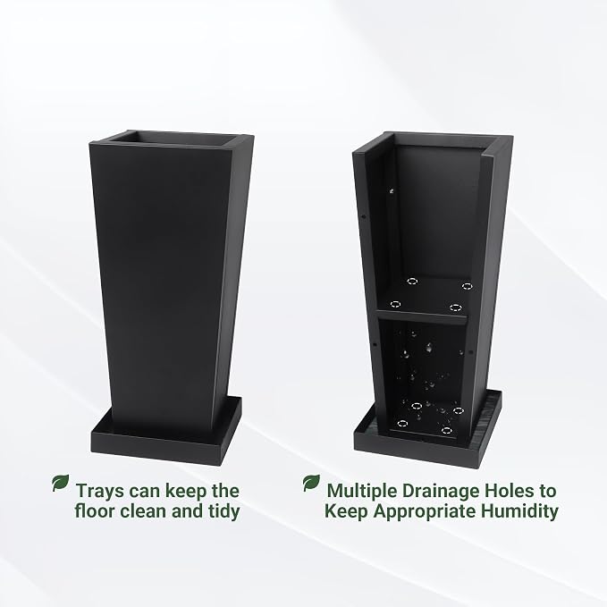 18" Metal Tall Outdoor Planters Set of 2, Durable & Wealtherproof | Tall Planters with Drainage Insert Shelve & Trays, Black Outdoor Planters for Porch, Garden, Yard