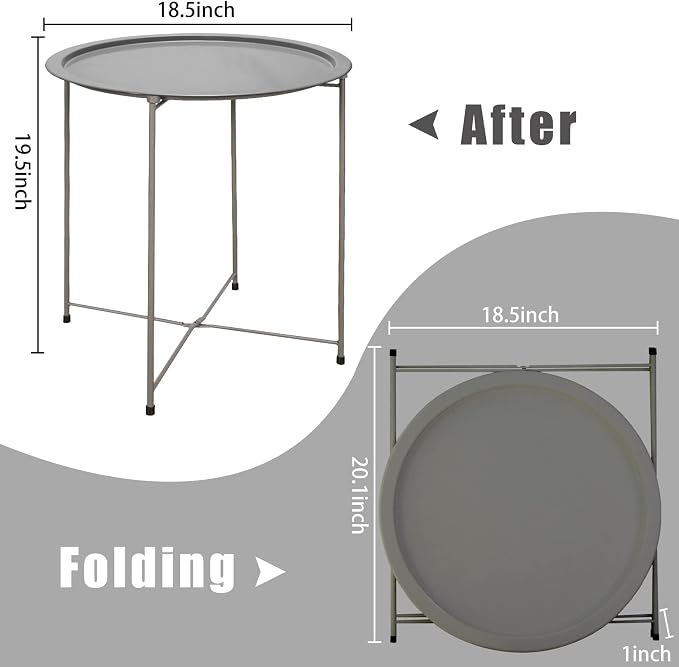 Garden 4 you End Table Metal Side Table Grey Round Folding Tray Cyan Sofa Small Accent Fold-able Table, Round End Table Tray, Next to Sofa Table, Snack Table for Living Room and Bed Room