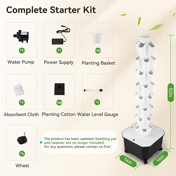 BAOSHISHAN 8 Tiers 40 Pods Outdoor Hydroponics Tower for Herbs & Greens | Durable ABS Space-Saving Vertical Tower, Smart Water Circulation, 360° Wheels for Easy Mobility, Beginner-Friendly Setup