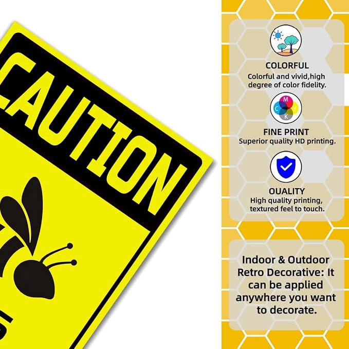 EMOHAT Caution Bees Stay Clear Metal Tin Sign, Farmhouse Retro Wall Decor for Outdoor Bees Premises,16x12 Inch Funny Warning Sign for Farm Cafe People Cave
