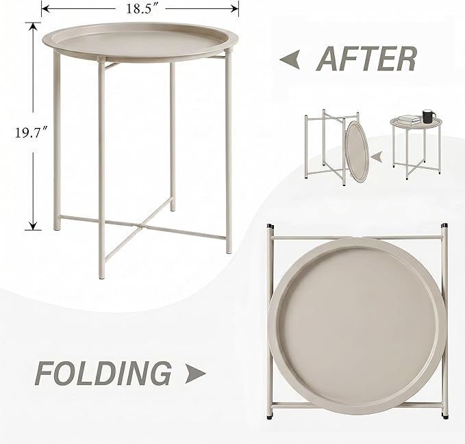 VECELO Side/End Table, Folding Round Metal Anti-Rust and Waterproof Outdoor or Indoor Tray for Living Room Bedroom Balcony and Office, 2 PCS, Grey