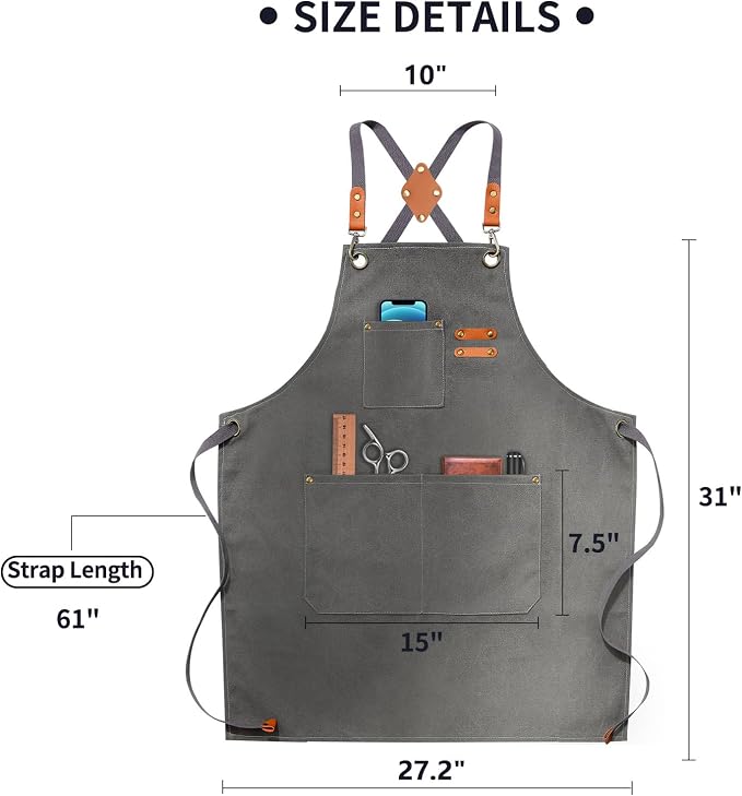 ZOMAO Chef Apron, Apron for Men Women with Adjustable Straps Cotton Canvas Cross Back Adjustable Apron with Pockets for Women and Men(Grey)