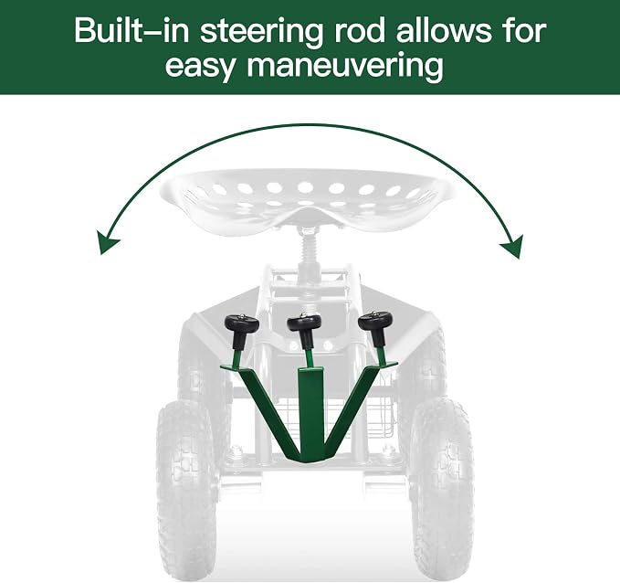 IRONMAX Garden Cart with Seat, Gardening Rolling Stool Scooter with 10’’ All-Terrain Wheels, Convenient Pull Handle & Tool Tray and Basket for Outdoor Planting (Green)