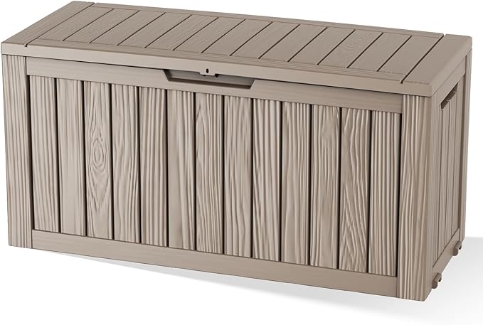 90 Gallon Outdoor Storage Box Waterproof, Resin Lockable Deck Box with Lid, Large Capacity Weatherproof Container for Patio Furniture Pool Accessories, Side Table and Cushions(Grey, 90 Gallon)