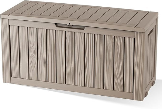 90 Gallon Outdoor Storage Box Waterproof, Resin Lockable Deck Box with Lid, Large Capacity Weatherproof Container for Patio Furniture Pool Accessories, Side Table and Cushions(Grey, 90 Gallon)