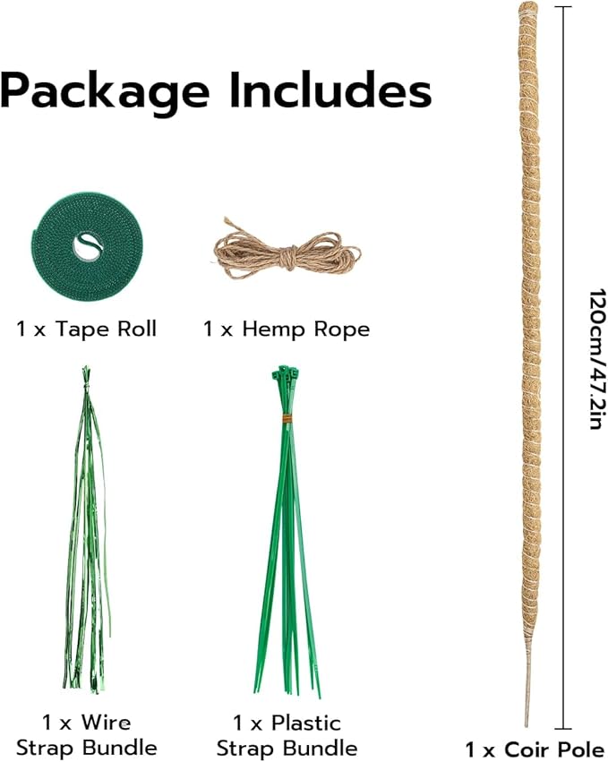Mcbazel Bendable Moss Pole for Plants 47 Inch, Monstera Plant Support Stake with 7mm Aluminum Core, Coconut Coir Climbing Pole for Monstera Pothos Philodendron, Complete Kit with Ties & Rope